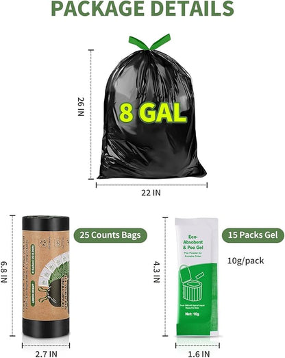 Camping Toilet Bags Poo Gel Set, 25 Count Portable Toilet Bags with 15 Count Camping Toilet Gel, 8 Gallon Composting Toilet for Portable Outdoor Hiking