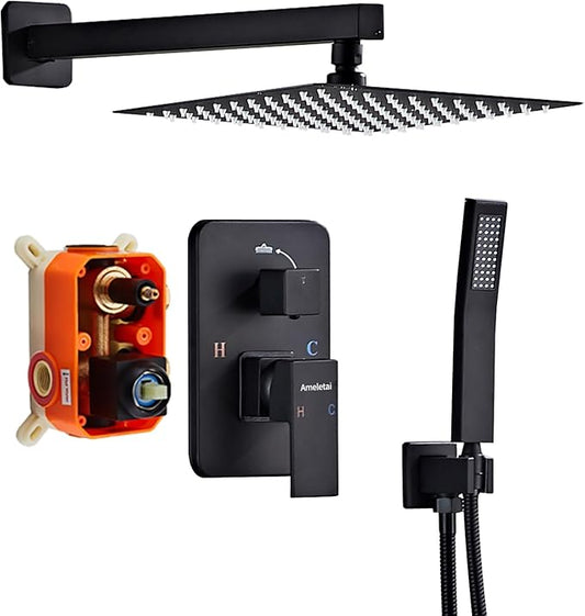 Shower Faucet Set with Brass Durable Trim, 10 Inch Square Rainfall Shower Head, High Pressure Handheld Shower, Easy-Clean Silicone Nozzles, Wall Mounted Black Shower System
