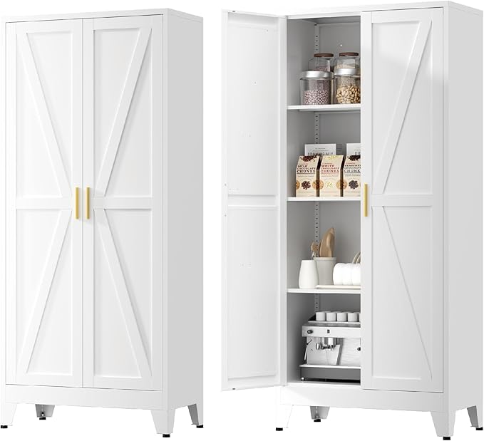 61" Tall Metal Kitchen Pantry Storage Cabinet with Double Doors & 3 Adjustable Shelves, Freestanding Cupboard for Kitchen, Dining Room, Bathroom, White