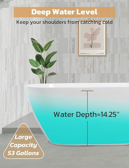 Acrylic Bathtub 55 Inch, Freestanding Deep Soaking Bath Tub with Brushed Overflow and Drain, Contemporary Gloss White Freestanding Bathtub