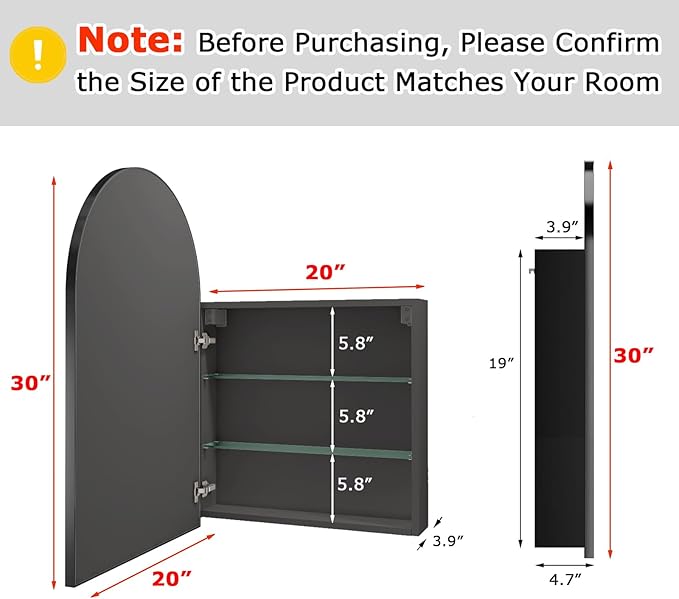 FKWin Bathroom Mirror, Bathroom Cabinet with Mirror for Left or Right Opening, Surface Mount Medicine Cabinet not Recessed, Modern Vanity Bathroom Mirror with Storage, Black, 20x30 inch