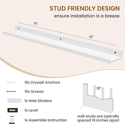 Axeman Picture Ledge Shelf, Floating Shelves for Wall Decor Storage Set of 6, 36 inch Floating Wall Mounted Shelves, Shelves with Lip for Living Room, Bedroom, Nursery, Bathroom, Kitchen, White