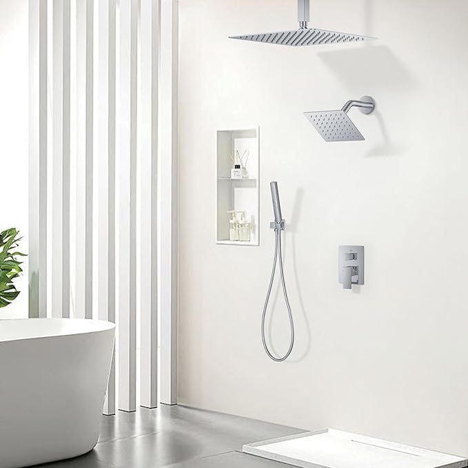 Chrome Shower Faucet Set, Ceiling Mount Shower System 12" & 6" Dual Shower Head Set with 2 in 1 Handheld Spray Rain Shower Head Sets with Rough-in Valve and Shower Trim Kit, Polished Chrome