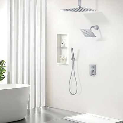 Chrome Shower Faucet Set, Ceiling Mount Shower System 12" & 6" Dual Shower Head Set with 2 in 1 Handheld Spray Rain Shower Head Sets with Rough-in Valve and Shower Trim Kit, Polished Chrome