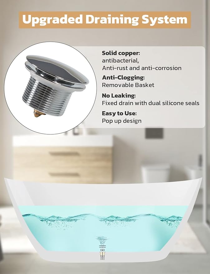 55" Sleek White Acrylic Freestanding Bathtub, Soaking Tub with Brushed Chrome Overflow and Drain