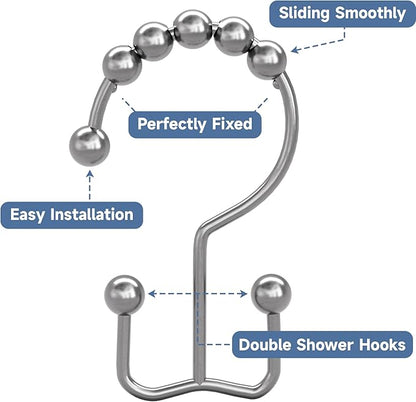 Titanker Shower Curtain Hooks Rings, Rust-Resistant Metal Double Glide Shower Hooks for Bathroom Shower Rods Curtains, Set of 12 Hooks - Chrome