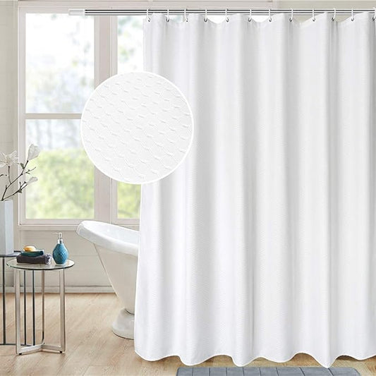 AooHome Heavy Duty Fabric Shower Curtain, Solid White Waffle Weave Bathroom Curtain with Hooks, Weighted Hem, Water Repellent, 72x72 Inch