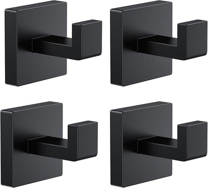 Kruodop 4 PCS Towel Hooks for Bathroom, Wall Mount Towel Holder, Black Matte Wall Robe Hook,Square Stainless Steel Door Hanger Towel Hook for Kitchen, Bedroom,Hotel,Pool,Coats