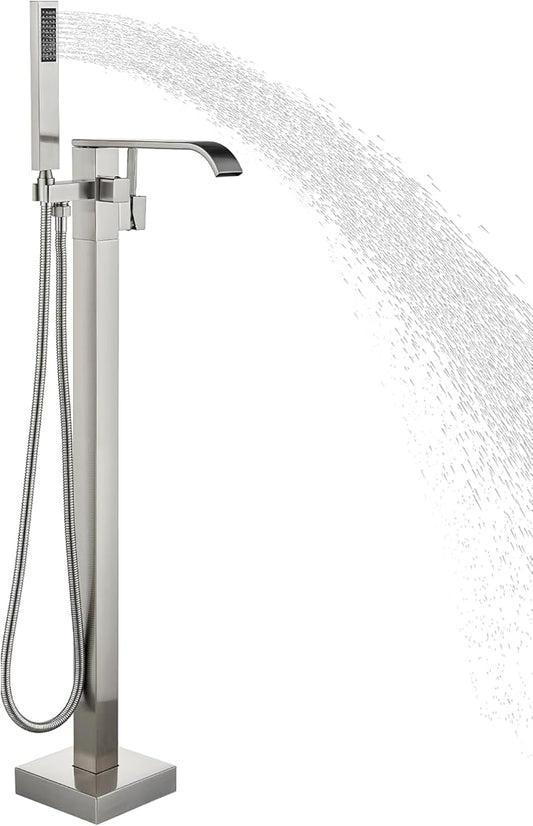 Freestanding Bathtub Faucet Brushed Nickel Tub Filler Floor Mount Single Handle Brass Tap with Handheld Shower and Swivel Mixer Spout
