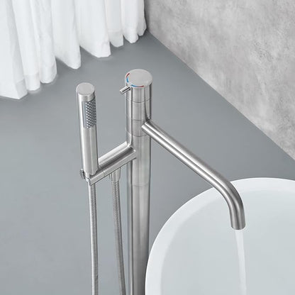 Freestanding Bathtub Faucet Floor Mount Tub Filler Brushed Nickel Brass Single Handle Bathroom Faucets with Hand Shower