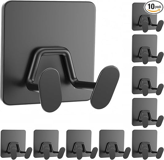 10 Pack Shower Hooks for Inside - Extra Sticky Stainless, Razor Holder Shower Accessories, Wall Mounted Self-Adhesive Hooks for Razor, Loofah, Towel, Coat, Key, Matt Black,