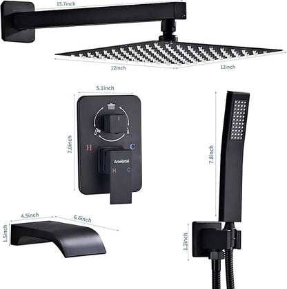 10" Matte Black Shower Faucet Set – Square Rainfall Showerhead + Handheld & Waterfall Spout, Wall-Mounted, Anti‑Clog Silicone – Modern Bathroom Hardware