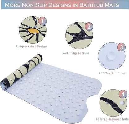 Floral Bathtub Mat Non Slip for Kids Botanical Extra Long Anti Slip Bath Mat for Tub Abstract Flower Bath Shower Mat with Large Drain Holes and Suction Cups Quality Plant Design Bathroom Decor 40x16in
