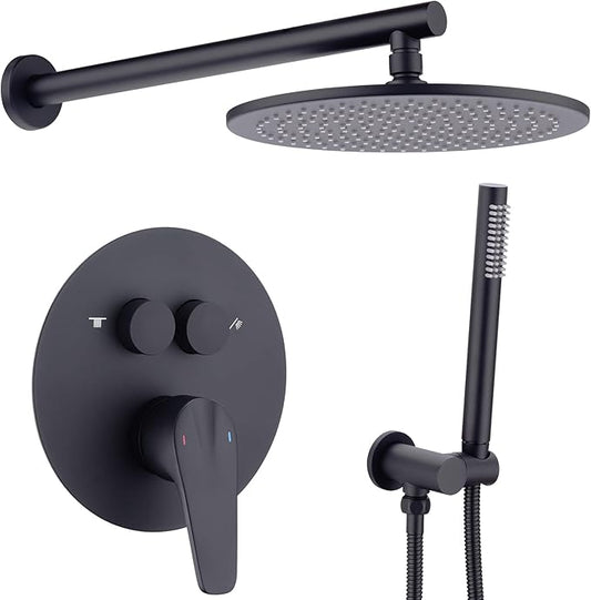 TRUSTMI 10 Inch Matte Black Shower System Push Button Diverter Wall Mounted Round Rainfall and Handheld Shower Trim Kit with Valve (Pressure Balance)