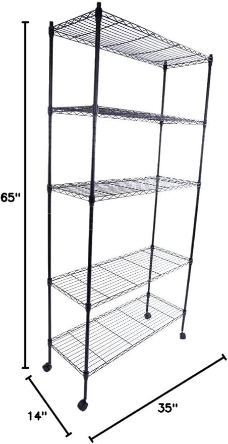 5 Tier Storage Racks Shelving, Heavy Steel Pantry Shelves, Adjustable Wire Shelving Rack with Wheels, Suitable for Garage, Kitchen, Bathroom, Office, 35" W x 14" D x 65" H, Black