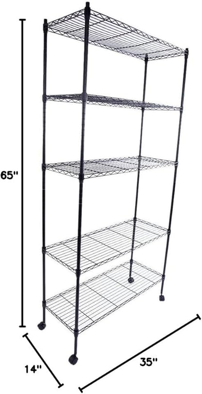 5 Tier Storage Racks Shelving, Heavy Steel Pantry Shelves, Adjustable Wire Shelving Rack with Wheels, Suitable for Garage, Kitchen, Bathroom, Office, 35" W x 14" D x 65" H, Black