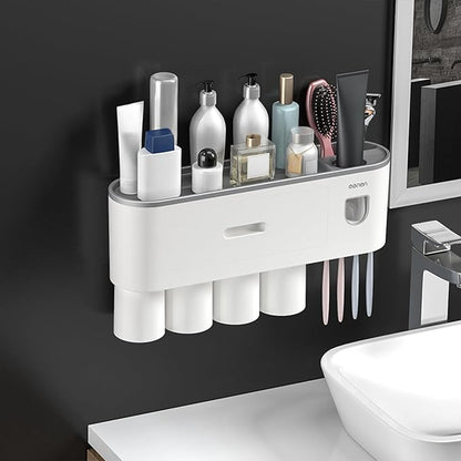 No-Drill Wall Mounted Toothbrush Holder, Bathroom Shelf, with Automatic Toothpaste Dispensers 4 Brush Hooks 4 Magnetic Cups 1 Cosmetic Drawer Organizer and Large Storage (1 Dispenser 4 Cups)