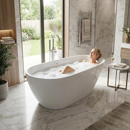 67" Freestanding Acrylic Bathtub, Deep Soaking Tub with Non-Slip Base & Chrome Drain, cUPC Certified, White Pearl