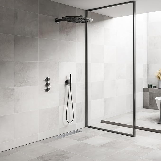 12 Inch Rectangular Shower Floor Drain, Brushed Nickel High Flow Shower Drain Kit with Flange with Hair Filter, Removable Grate Cover, 304 Stainless Steel, Abs Fixing Tray (Brushed)