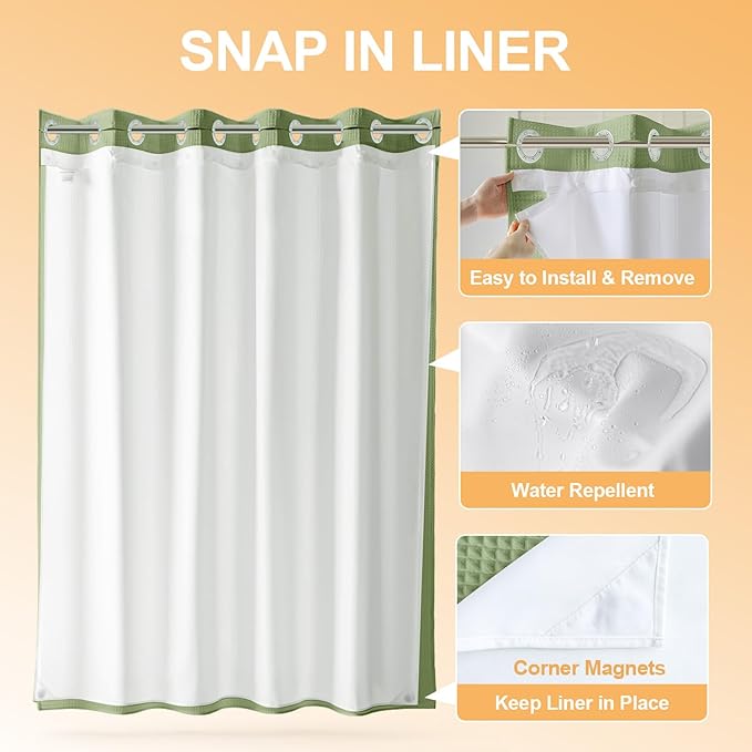 River Dream Sage Green Cotton Blend Shower Curtain with Snap in Liner, No Hook Shower Curtains for Bathroom, Hotel Grade, Water Repellent, 71" W x74 L