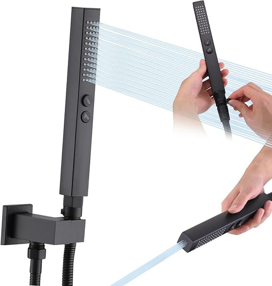 All-Metal High Pressure Square Handheld Shower Head with Jet Spray and Rainfall Modes, Volume Control Regulator, ON/OFF Switch, Hose and Wall Mounted Adjustable Bracket, Matt Black Color