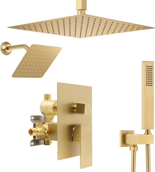 Shower System Dual Shower Heads with 12" Ceiling Mounted Rain Shower Head & 6" Wall Mounted Head Full Body Luxury Rain Shower System 3 Way Pressure Balance Valve Kit, Brushed Gold