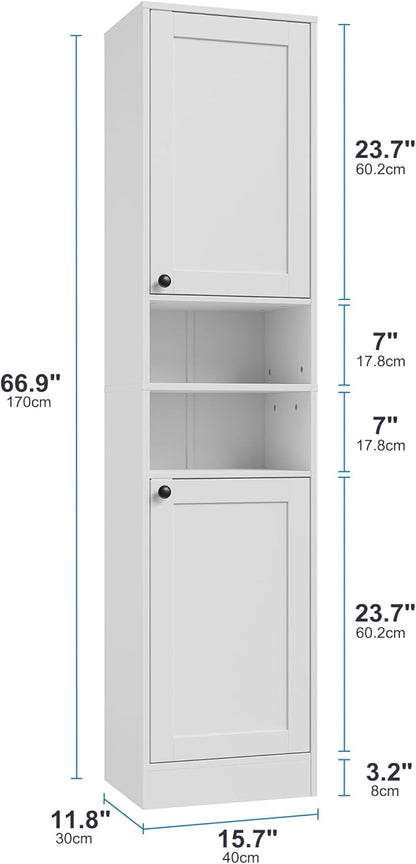 67" Tall Bathroom Cabinet with 2 Doors, Narrow Freestanding Floor Cabinet, Slim Storage Unit with Adjustable Shelves for Bathroom, Living Room, Entryway, Kitchen, White