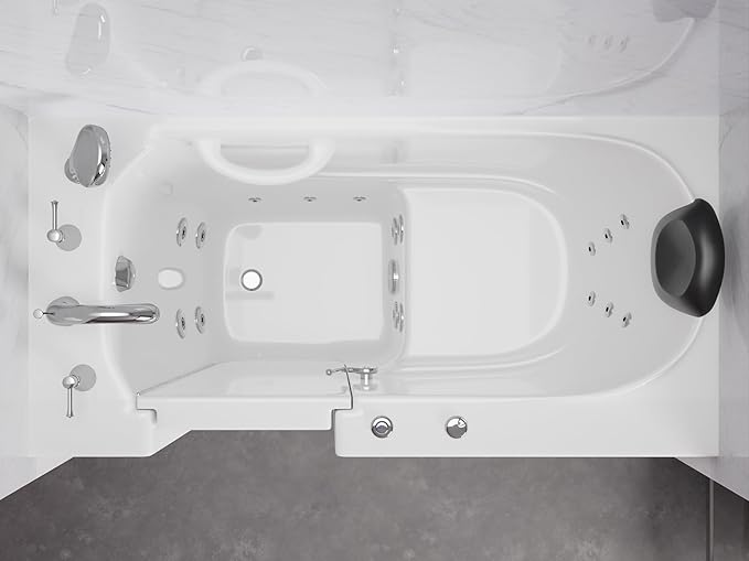 ANZZI Whirlpool Walk-In Bathtub 26" x 53" White Acrylic Left Drain 15 Jets Inline Heater Fast Drain ADA Compliant Slip-Resistant Base Quick Fill Faucet Ergonomic Pillow Chrome Trim | AMZ2653LWH-CP