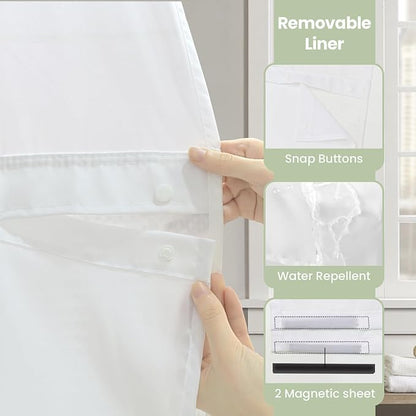 Inhousolu Long No Hook Shower Curtain with Snap in Fabric Liner Set Waffle Weave 230GSM Weighted Hem, Waterproof & Washable Bathroom Curtain Spa Luxury with Mesh Top Window 72" W x 78" L White