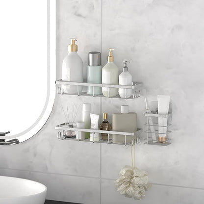 Shower Caddy Organizer with Hooks,Self Adhesive Bathroom Shelves,Shower Shelves,No Drilling Bathroom Organizers and Storage,Perfect for RV, Apartment, Home Decor,Silvery 3PK
