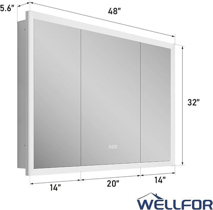 WELLFOR 48 x 32 Inch LED Medicine Cabinet with Lights, 3X Magnification Makeup Mirror, Bathroom Vanity Mirror Cabinet with Storage, Defogging Function, LED Medicine Cabinet Mirror, Three Opening Doors