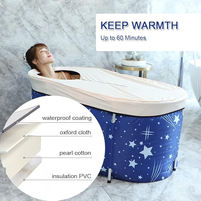 ptlsy Ice Bath Tub for Adults, Large Portable Bathtub for Adult, Folding Japanese Soaking Bath Tub Fit for Cold Warm Spa Indoor & Outdoor (Blue Large)