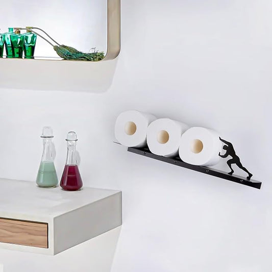 Multifunctional Wall-Mounted Toilet Paper Holder Shelf – Heavy-Duty Metal Bathroom Storage & Decorative Art – Towel Rack, Tissue Organizer & Plant Display (Black)