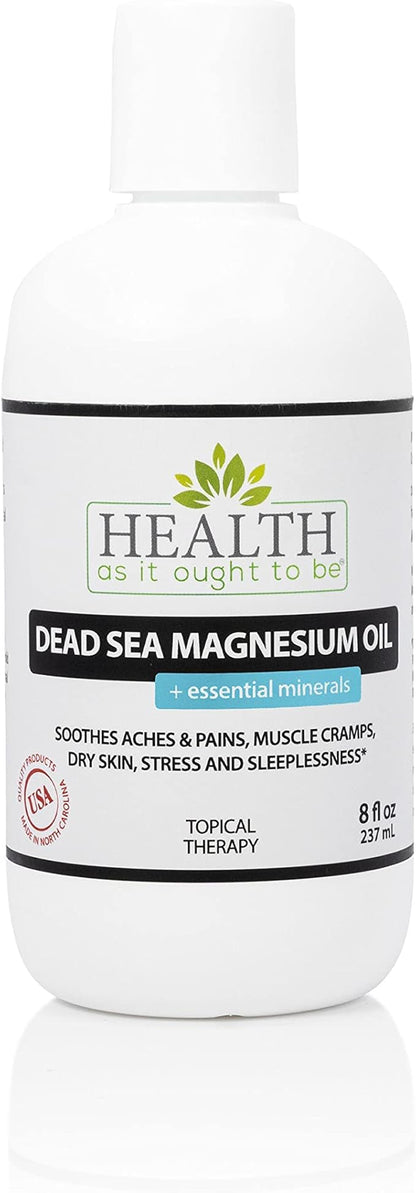Health As It Ought To Be Dead Sea Magnesium Oil + Essential Minerals Supplement | Physician Formulated Calming, Soothes Aches, Pains, Cramps, Sleeplessness | 8 Ounce