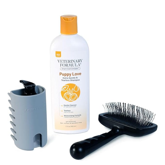 Puppy Love Gentle Bath & Grooming Set by Veterinary Formula & Tweezerman – Tearless Puppy Shampoo with 2-in-1 Bath Brush & Large Slicker Brush – Complete Bath Kit for Medium & Large Dogs & Puppies