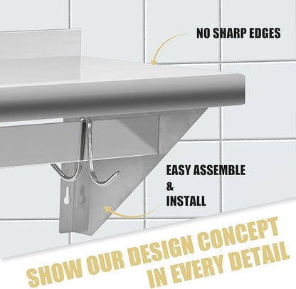 Hally Stainless Steel Shelf with 8 Hooks 14" x 60" Wall Mounted Pot Rack 400lb, NSF Commercial Floating Shelving for Storage Hanging Pots, Pans, cookware in Restaurant, Kitchen, Home and Hotel