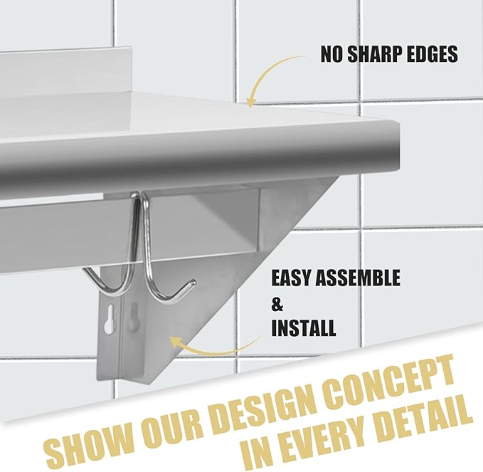 Hally Stainless Steel Shelf with 6 Hooks 14" x 48" Wall Mounted Pot Rack 350lb, NSF Commercial Floating Shelving for Storage Hanging Pots, Pans, cookware in Restaurant, Kitchen, Home and Hotel