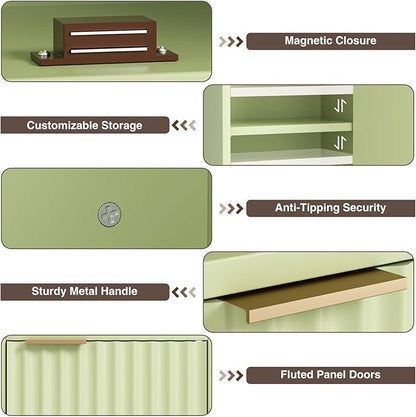 59.1" Tall Slim Bathroom Storage Cabinet Green | Freestanding or Wall Mounted Modular Cabinet, Fluted Panel Linen Tower with Adjustable Shelves for Small Spaces