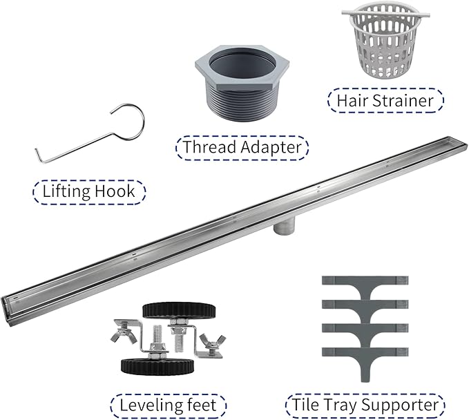 Linear Shower Drain 42", Brushed Floor Drain with Tiled Insert Grate & Hair Strainer, 304 Stainless Steel Bathroom 2-in-1 Tiled in Drain, CUPC Certified (Brushed, 42'')