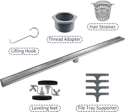 Linear Shower Drain 48", Brushed Floor Drain with Tiled Insert Grate & Hair Strainer, 304 Stainless Steel Bathroom 2-in-1 Tiled in Drain, CUPC Certified (Brushed, 48'')