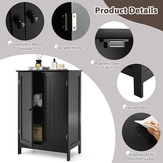 Tangkula Freestanding Storage Cabinet with Double Doors and Shelf, Modern Home Furniture, Wooden Home Organizer for Living Room, Bathroom Storage Cabinet (Black)