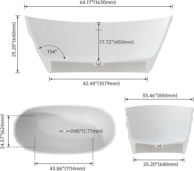 64" Premium Modern Solid Surface Free Standing Bathtubs, Unique Matte White Stone Resin Soaking Tub with Pop-up Drain