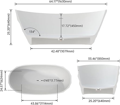 64" Premium Modern Solid Surface Free Standing Bathtubs, Unique Matte White Stone Resin Soaking Tub with Pop-up Drain