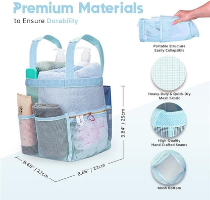 Mesh Shower Caddy Dorm, 7 Pockets & 1 with Zipper, Shower Tote with Padded Handles, Travel Portable, Shower Caddy College Room Essentials, Bathroom Shower Bag (Blue)