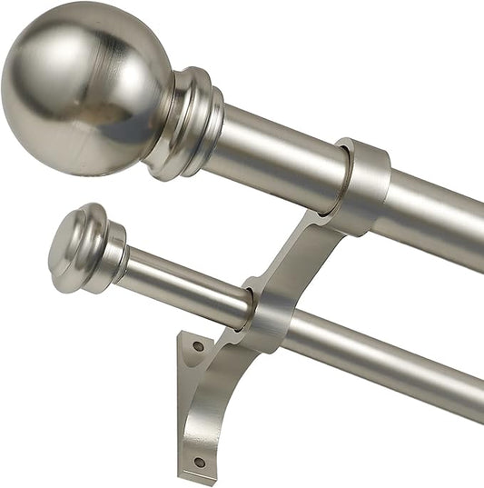 Double Curtain Rod 28 to 48 inch, Adjustable 1 inch Double Drapery Rod Rods for Windows and Doors with Ball Round Finials and Premium Aluminum Brackets Set (28-48",Brushed Nickel)