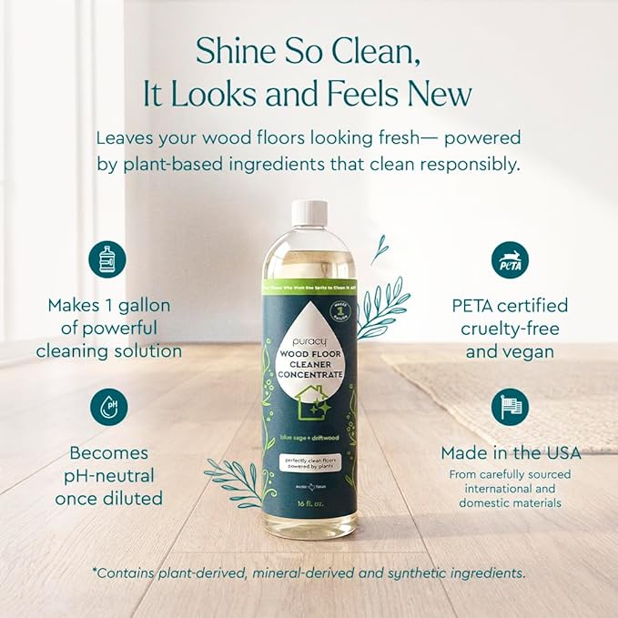 Puracy Wood Floor Cleaner Concentrate - pH Neutral Plant-Powered Hardwood & Wooden Floor Cleaner - Residue-Free Non-Sticky Cleaning Solution As Seen on TikTok (Blue Sage & Driftwood, 16 fl oz)