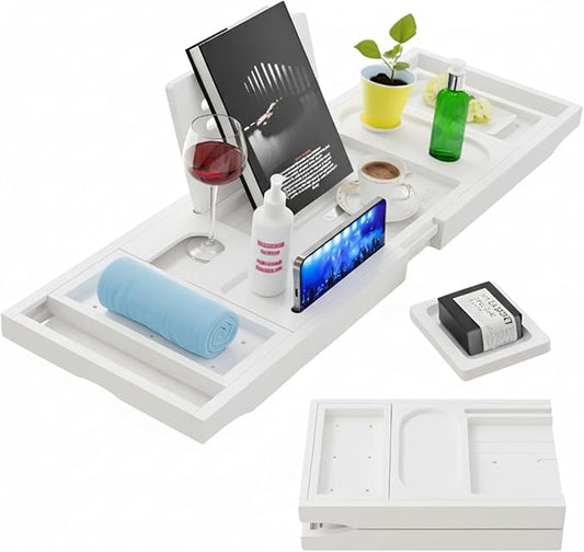 Bamboo Bathtub Caddy Tray Expandable & Foldable Bath Shelf with Book, Tablet & Wine Holder Adjustable Wooden Bath Tray for Relaxing Spa at Home – Fits Most Tub Sizes.