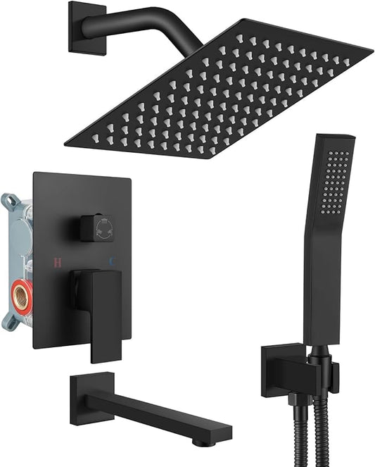 gotonovo Shower System with Tub Spout Wall Mounted Rain Shower Head and Handle Combo Shower Faucet Set with Valve, 8 Inch, Matte Black