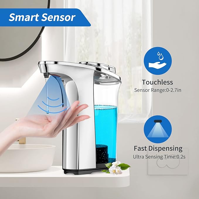 Automatic Soap Dispenser, Touchless Sensor Hand Soap Dispenser 17oz/500ml Silver, Adjustable 5 Dispensing, Refillable Reservoir, Battery Powered for Kitchen & Bathroom