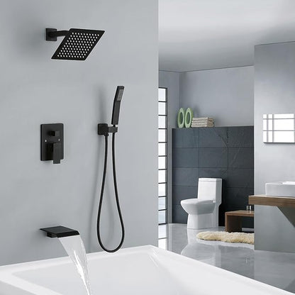 JOYWELL Bathtub Shower System Matte Black with 8 Inch Shower Head and Handheld Shower Tub Faucet Combo
